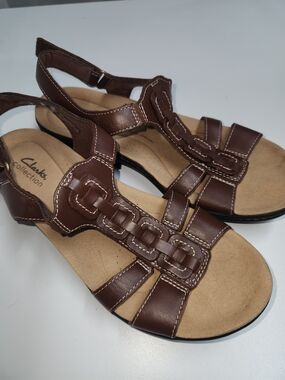 Clarks Brown Leather Braided Slingback Sandals Womens Size 9